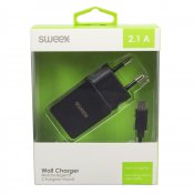 Mobilladdare, 1 utgångar, 2.1 A, micro USB, Svart, (Sweex)