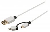 Laddkabel Mobil, USB/Micro B+ Apple, 1m, vit, (König)