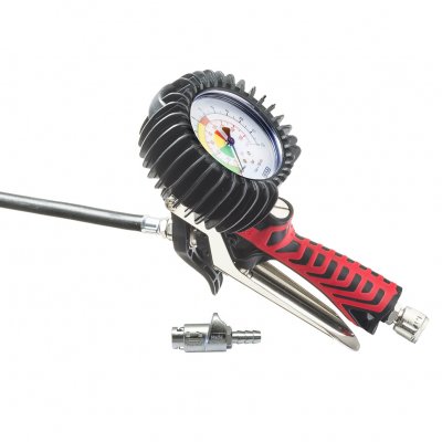 Beskrivning Professionell luftpåfyllare  80 mm manometer (bar/psi)  Med kraftigt gummerat skyddshölje  På och avluftning med dub