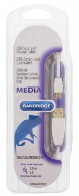 Laddkabel Mobil, USB/Micro B, 3m, vit, (Bandridge)