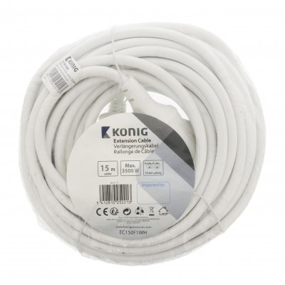 Förlängningskabel, 15 m, H05VV-F 3G1.5, IP20, Vit